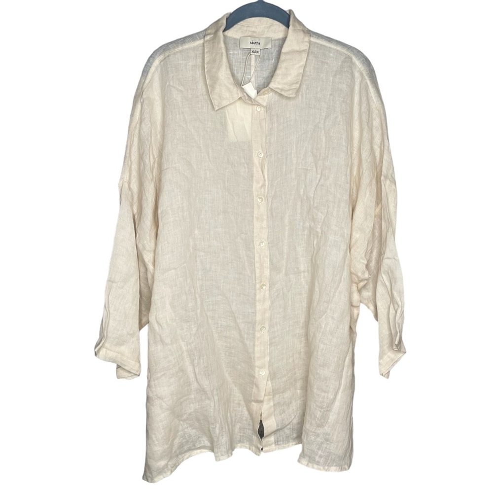 Sauths linen blouse beige button down drop sleeve NWT women’s size xl / xxl